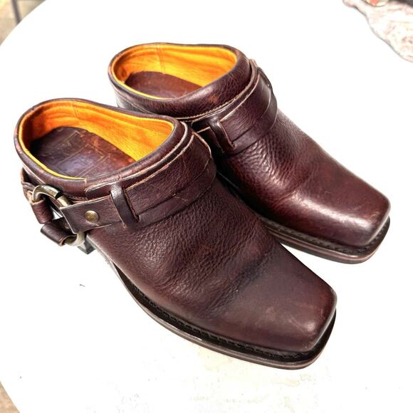 Vintage Frye Harness Chocolate Pebbled Leather Clogs | Brown Slip-On Mules USA - Picture 7 of 14